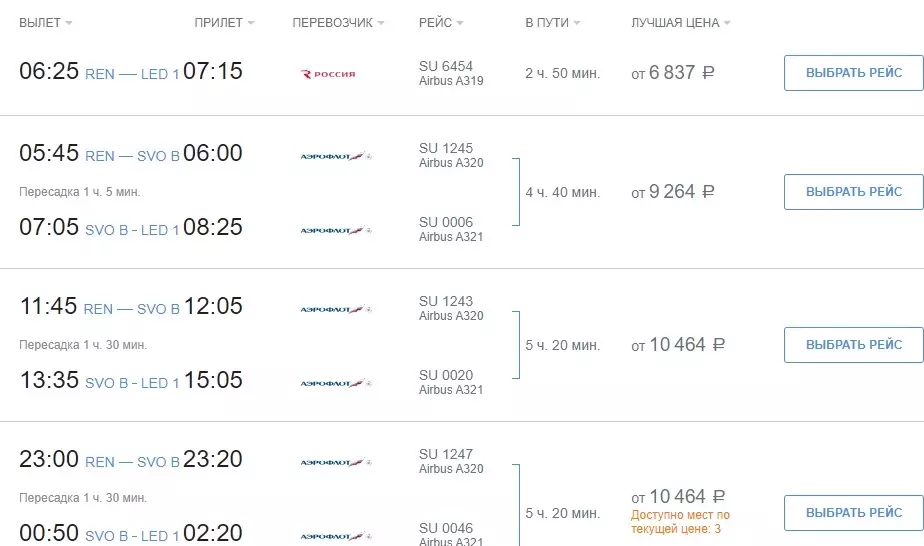 Цены на билеты из Оренбурга в Санкт-Петербург